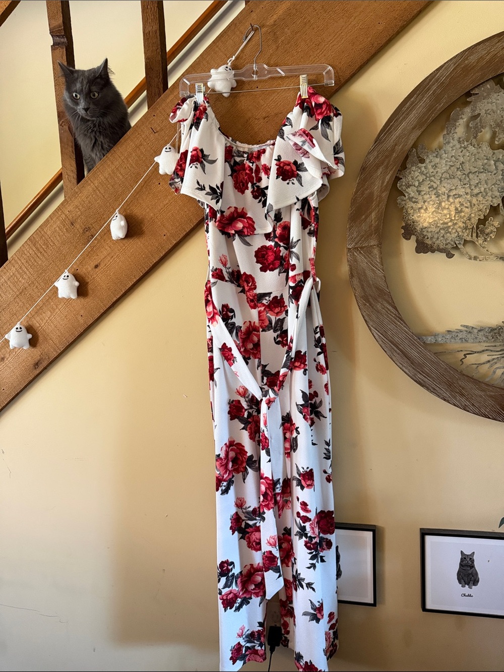 Women’s Floral Off-Shoulder Jumpsuit in White and Red